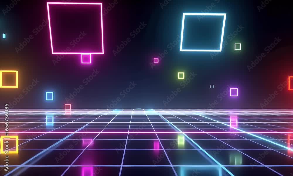 Aufkleber a dark background with neon grid lines and floating geometric shapes. the design is simple yet futur
