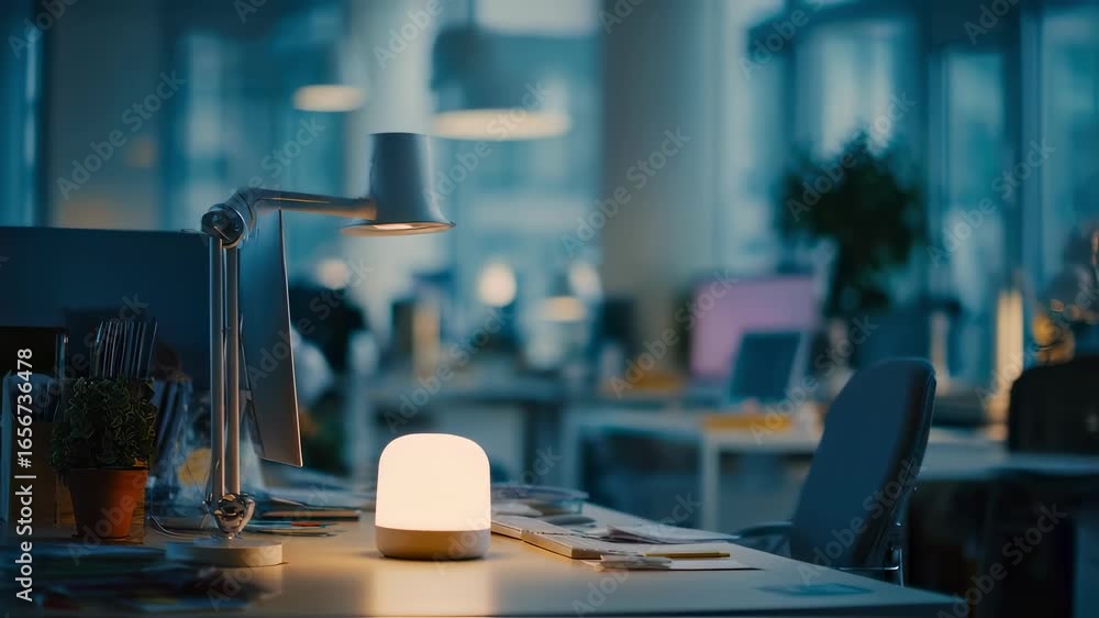 Poster medium shot of a modern shared workspace showing a circadian rhythm lamp syncing to a users biologic
