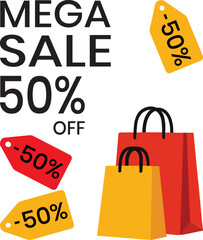 Mega Sale 50% Off Promotional Graphic with Shopping Bags