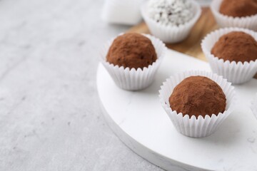 Delicious homemade candies with cocoa powder and coconut flakes on light grey table, closeup. Space...
