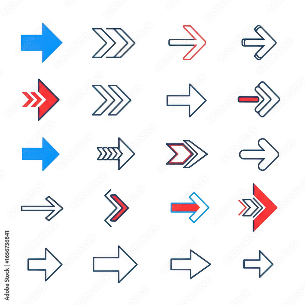Poster collection of diverse neon glowing arrow symbols pointing rightward on a dark canvas transparent bac