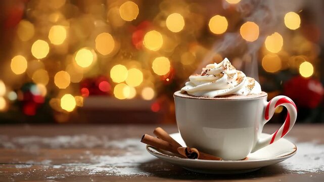 Warm holiday drink with whipped cream and cinnamon on wooden table  