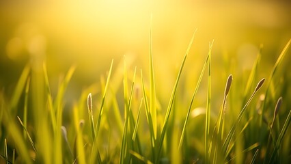 Fototapeta premium Lush spring grass field in soft morning light, delicate green blades in sharp focus.