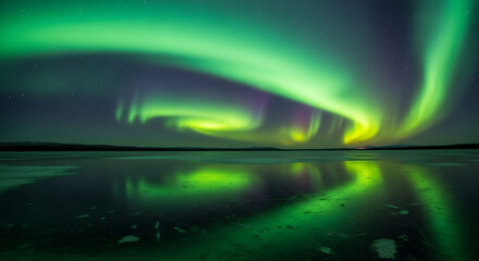 Vibrant Green Aurora Borealis Display Over Frozen Lake.