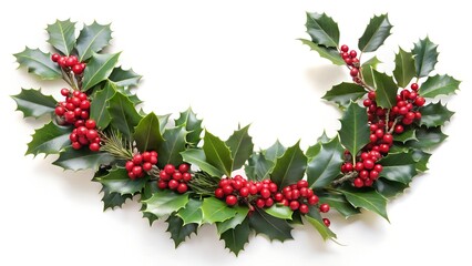Traditional christmas holly wreath with vibrant red berries and lush green leaves, isolated on white background