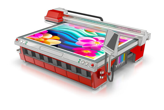 Wide format flatbed UV plotter machine. Printing a bright floral image. 3d illustration on white background