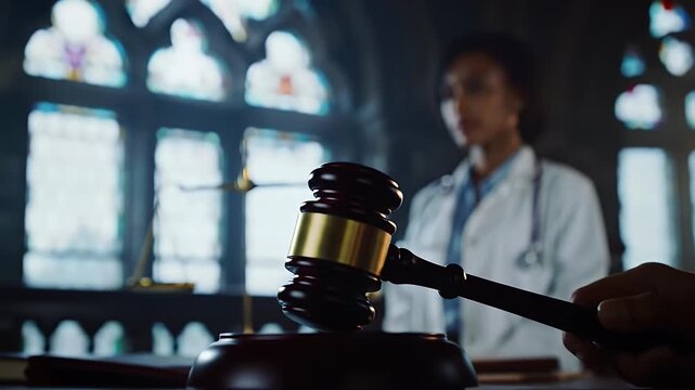 Doctor listens as judge slams gavel during medical malpractice hearing