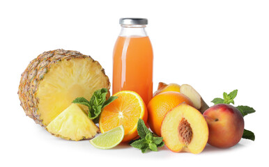 Tasty juice in glass bottle, fresh fruits, ginger and mint isolated on white