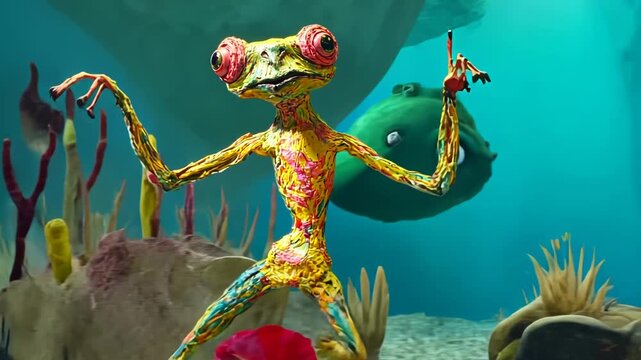 Cute Green Cartoon Frog Character Dancing in Low Poly Style Illustration