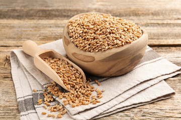 Wheat grains in bowl and scoop on wooden table, closeup