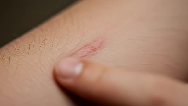 Scarred Skin Close-Up.
Description A close-up of human skin with a scar, and a finger touching the skin