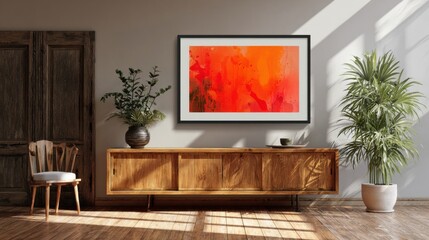 Fototapeta premium Sunlit Interior Design featuring a vibrant orange artwork framed on a wooden cabinet with a potted plant