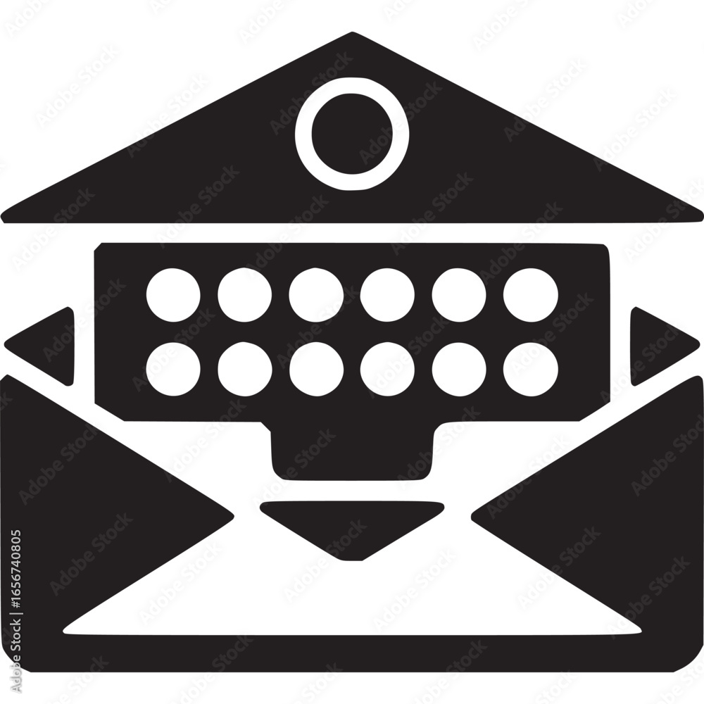 Poster vector art of black and white vector icon of an open envelope with a building inside