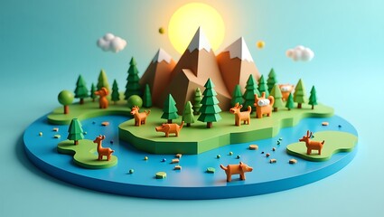 Low poly landscape illustration with mountains trees and animals cartoon style d rendering nature scene