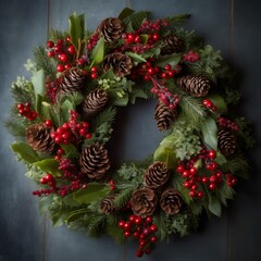 close up detail of a lush handcrafted Christmas wreath adorned with natural greenery pine cones and delicate holiday ornaments under soft festive lighting christmas wreath on a wooden background