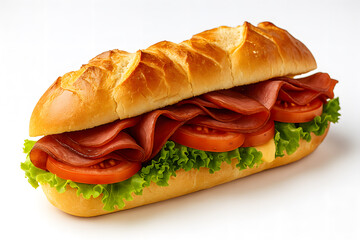 Ham submarine sandwich filled with fresh vegetables, cheese, and condiments