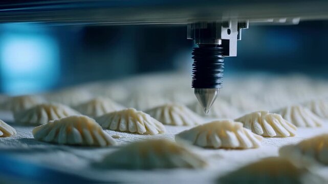Medium shot showcasing the robotic pleating tool delicately aligning dumpling edges into detailed lattice patterns emphasizing the crisp textures of dough and tips while the
