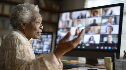 Senior Black woman talking with multiple people on video conference call at desk, gesturing and expressing herself in front of a computer screen displaying a group virtual meeting or online team work.
