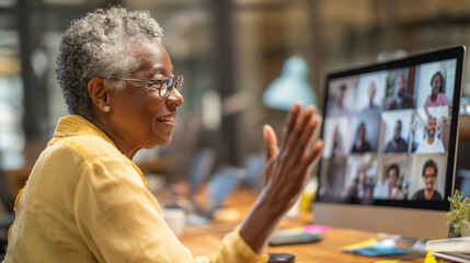 Senior Black woman talking with multiple people on video conference call at desk, gesturing and expressing herself in front of a computer screen displaying a group virtual meeting or online team work.