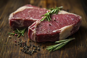Fototapeta premium A close-up of a fresh, raw beef steak seasoned with rosemary and peppercorns, resting on a rustic wooden surface.