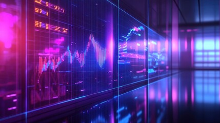 Naklejka premium Hyper realistic holographic financial dashboard floating in glass office, vibrant colors, sci fi business concept.