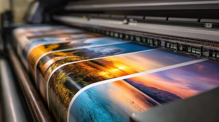 Large format printer printing images. Industrial printing machine works fast. High quality images in progress. Modern production technology. Pictures of landscapes, natural scenes. Pro graphic