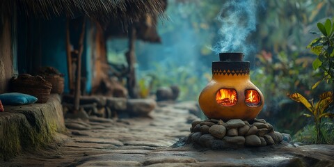 Village mud stove image mock up for advertising traditional cooking rural life countryside clay handmade primitive ai generated art