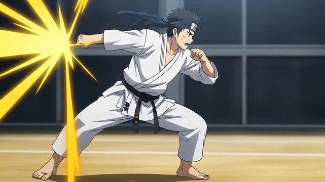 Anime man in white karate gi performs a strike with golden energy emanating from fist