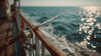 A fishing rod rests on a boat railing, with shimmering water in the background, capturing a serene day at sea.