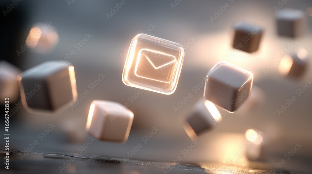 Poster a digital representation of floating email icons and cubes, suggesting communication and technology 