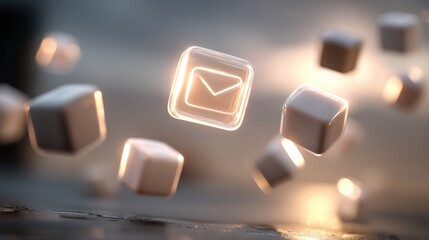 A digital representation of floating email icons and cubes, suggesting communication and technology in a futuristic setting.