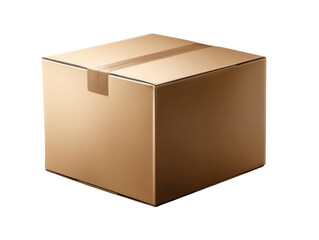 A light beige cardboard box, square-shaped, and sealed with a horizontal strip of tape.  It's a simple, 3D illustration of a shipping box