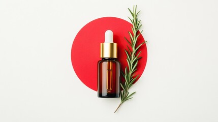 facial serum, rosemary and wire against the background of a red circle on white background 