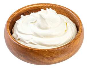 Cream cheese in wooden bowl isolated on transparent background