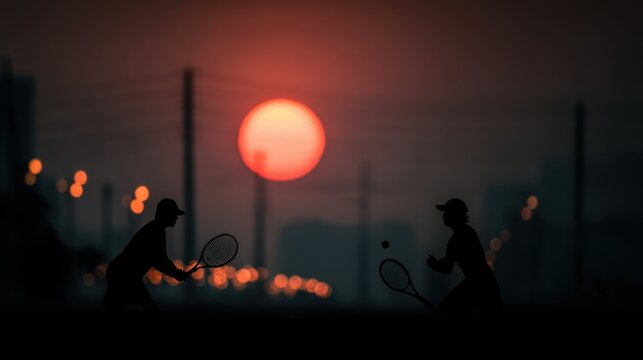 Two silhouetted tennis players engage in a match against a stunning sunset backdrop, creating a striking visual contrast.