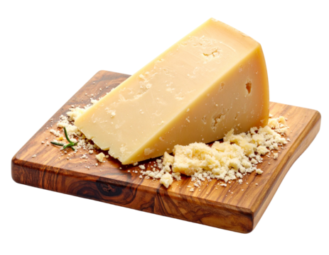 Parmesan wedge with grated flakes isolated on transparent background