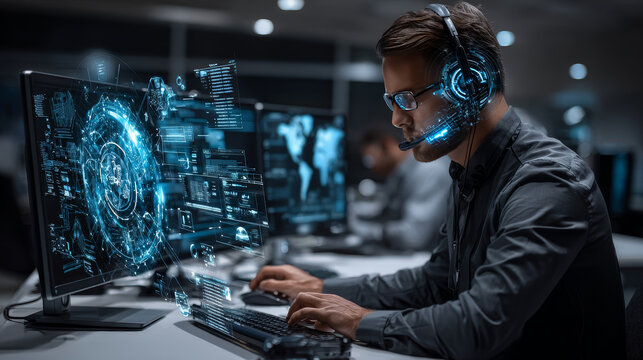 IT support, customer service concept. Computer engineer, technician coding on laptop computer connection with big data storage as backgrounds, digital technology, database, data management