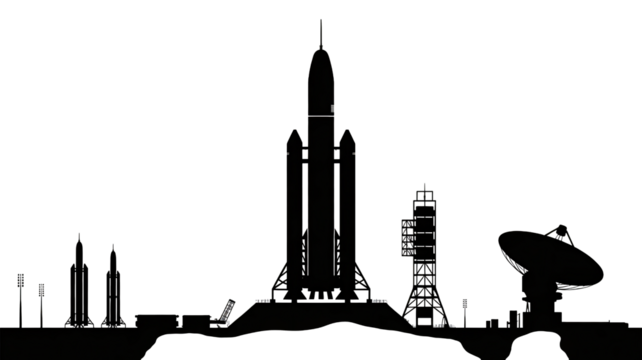 Detailed line art of space shuttle and launch complex, exploring exploration and technology