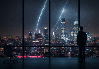 Businessman watches lightning strike over the city skyline from his highrise office during a dramatic thunderstorm, conveying power and uncertainty.