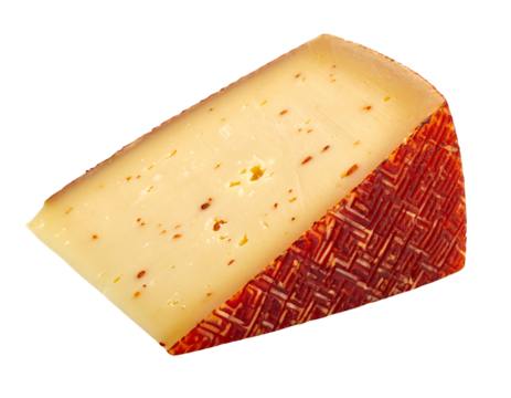 Smoked cheese wedge with red rind isolated on transparent background