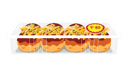 正面から見たチーズをかけたたこ焼きのイラスト　8個　フードパック　半額シール
