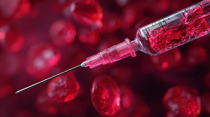 A close-up image of a syringe filled with red liquid, set against a backdrop of red blood cells, conveying themes of medicine and health.