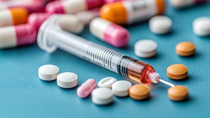 A close-up of a syringe and assorted pills on a teal surface, highlighting themes of medicine, health, and pharmaceuticals.