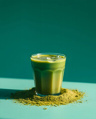 Refreshing Matcha Iced Latte with Ice Cubes and Matcha Powder
