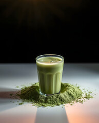 Refreshing Matcha Iced Latte with Ice Cubes and Matcha Powder