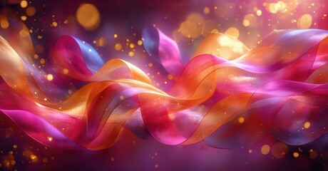 Fototapeta premium Vibrant ribbons flow, illuminated by sparkling lights. Colors blend, creating dynamic, abstract composition. Soft gradients dominate scene.