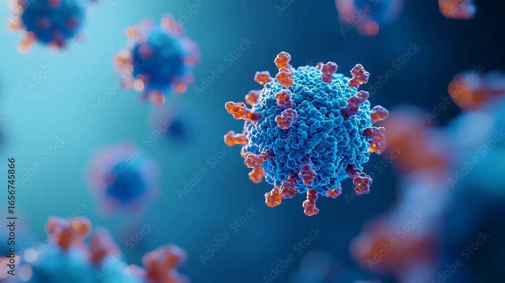 Poster a close-up view of a virus, depicted in vibrant colors, showcasing its structure and surface feature