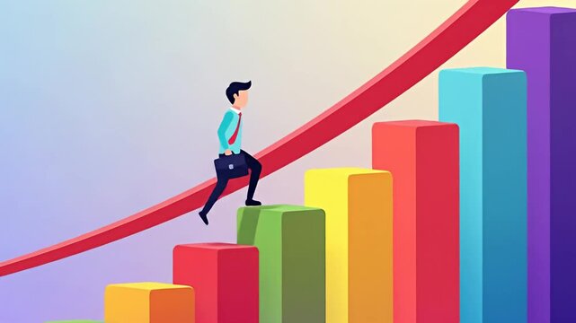 Man strides upward across a colored, growing bar graph, carrying briefcase, vibrant background