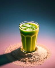 Refreshing Matcha Iced Latte with Ice Cubes and Matcha Powder