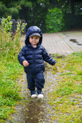 charming scene of a child exploring a lush Swiss landscape, surrounded by greenery and gentle rain, embodying the joy of nature and outdoor adventures